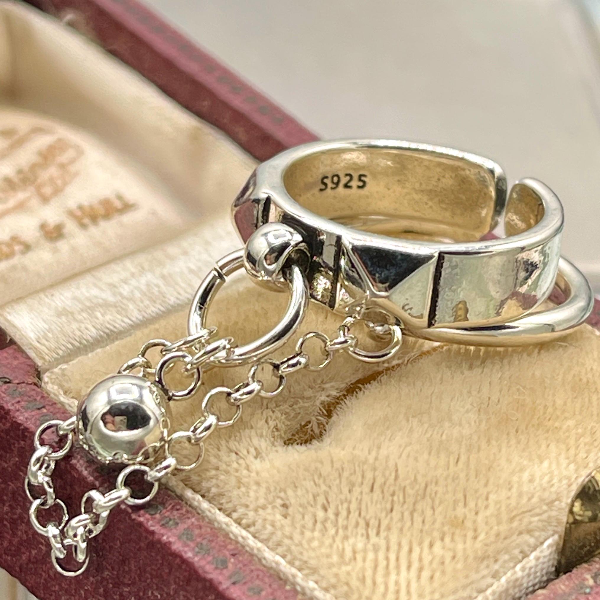 Studded Sterling Silver Stackable Rings, Connected Chain, Adjustable Silver Band - Image 9