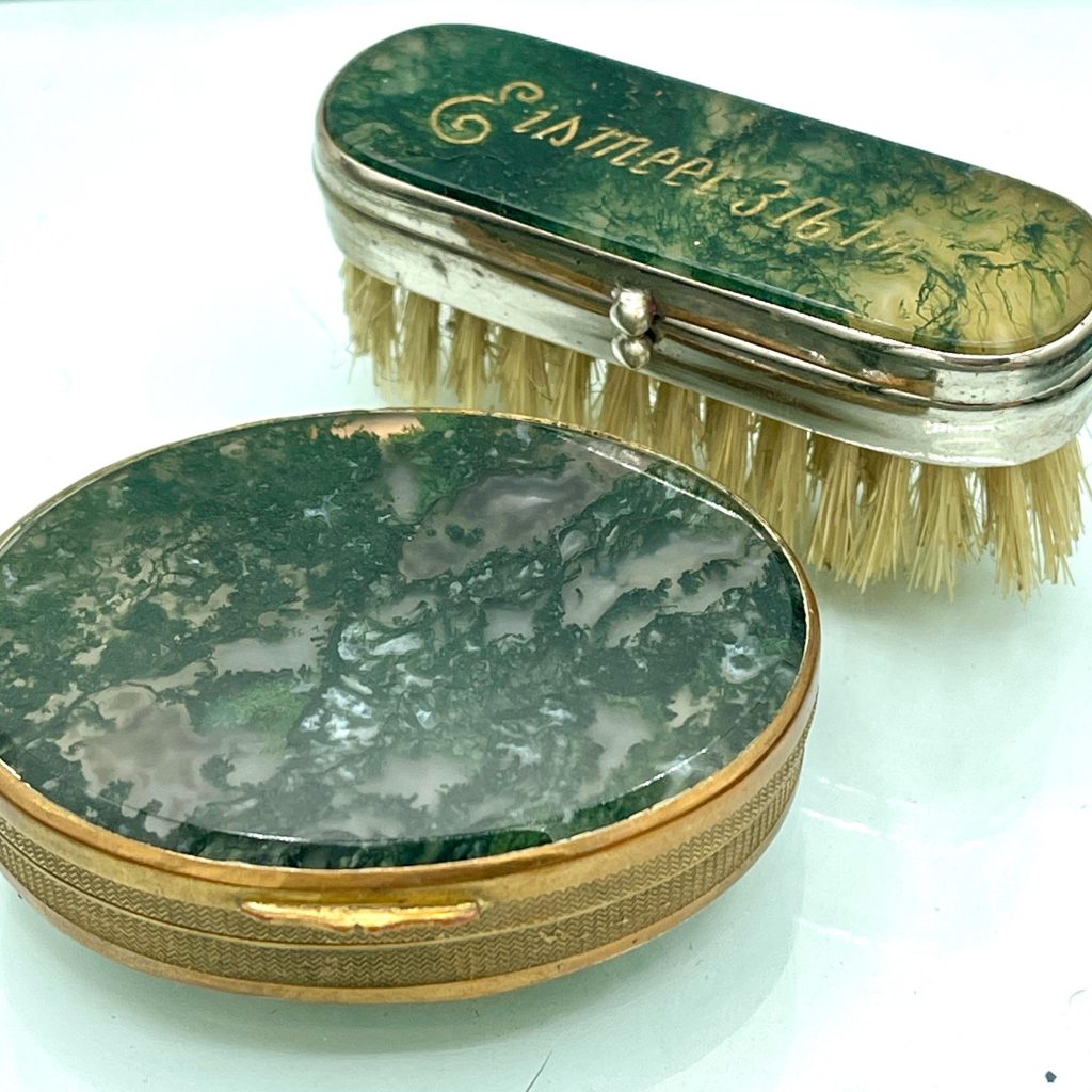 Victorian Moss Agate Moustache Brush Set with Engraved Mirror Vanity Box