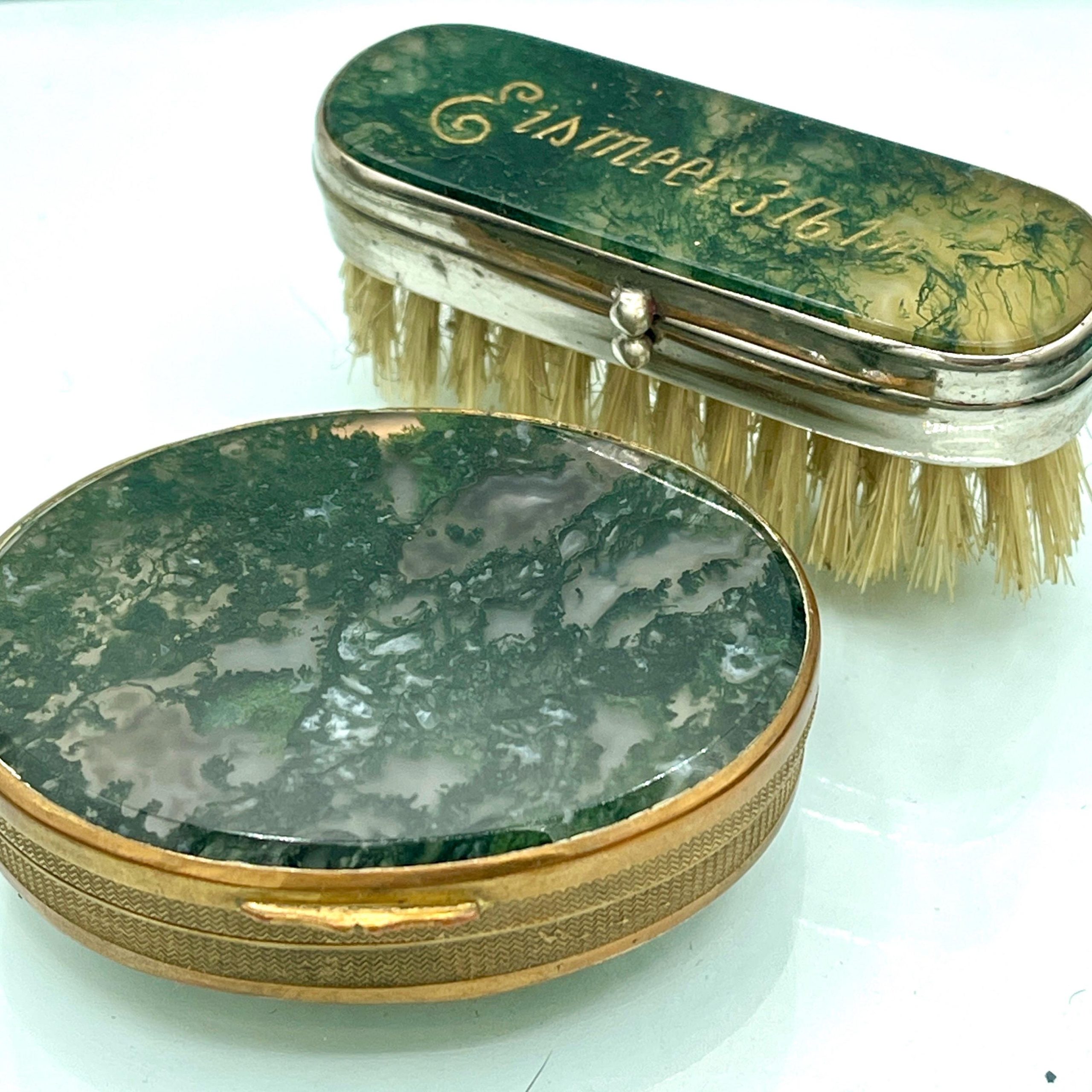 Victorian Moss Agate Moustache Brush Set with Engraved Mirror Vanity Box