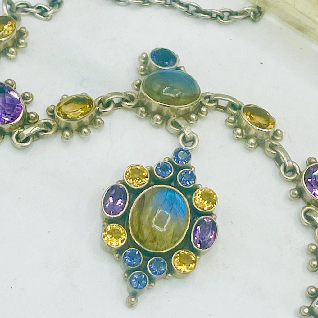 Retired Nicky Butler Sterling Silver Necklace Earrings: Blue Labradorite, Garnet, Citrine, Amethyst, Moonstone