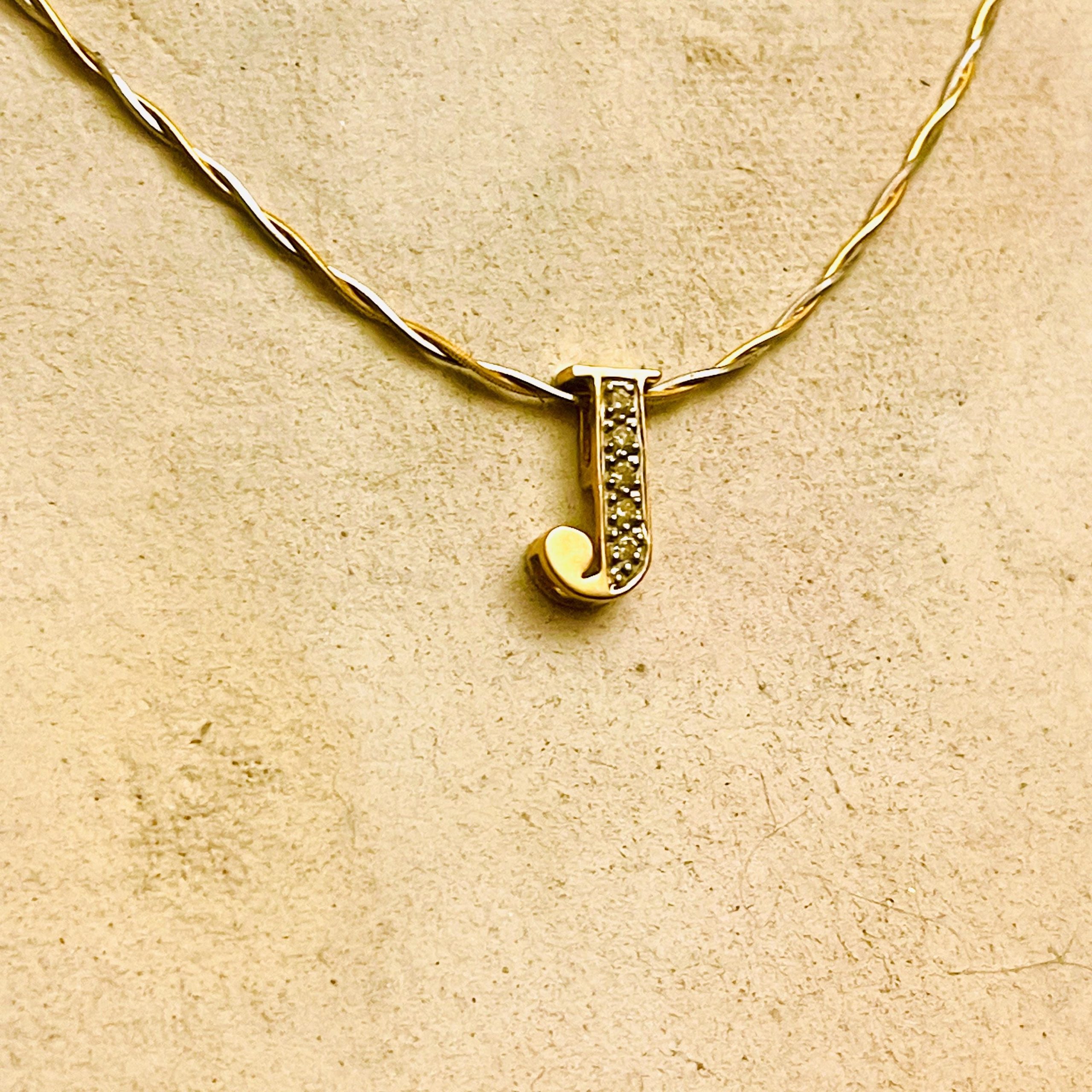 14k Yellow Gold Diamond J Necklace -Vintage Jewelry - Image 2