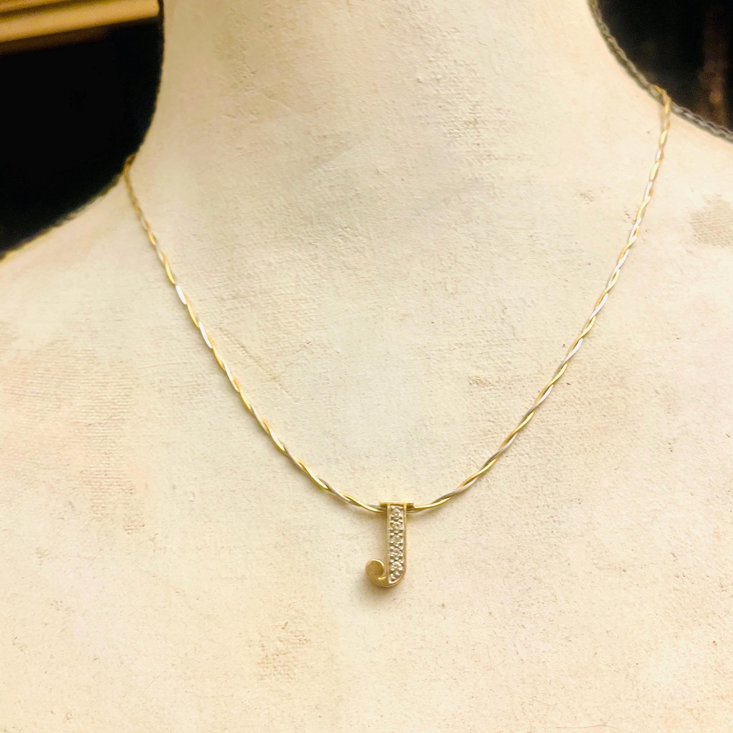 14k Yellow Gold Diamond J Necklace -Vintage Jewelry - Image 4