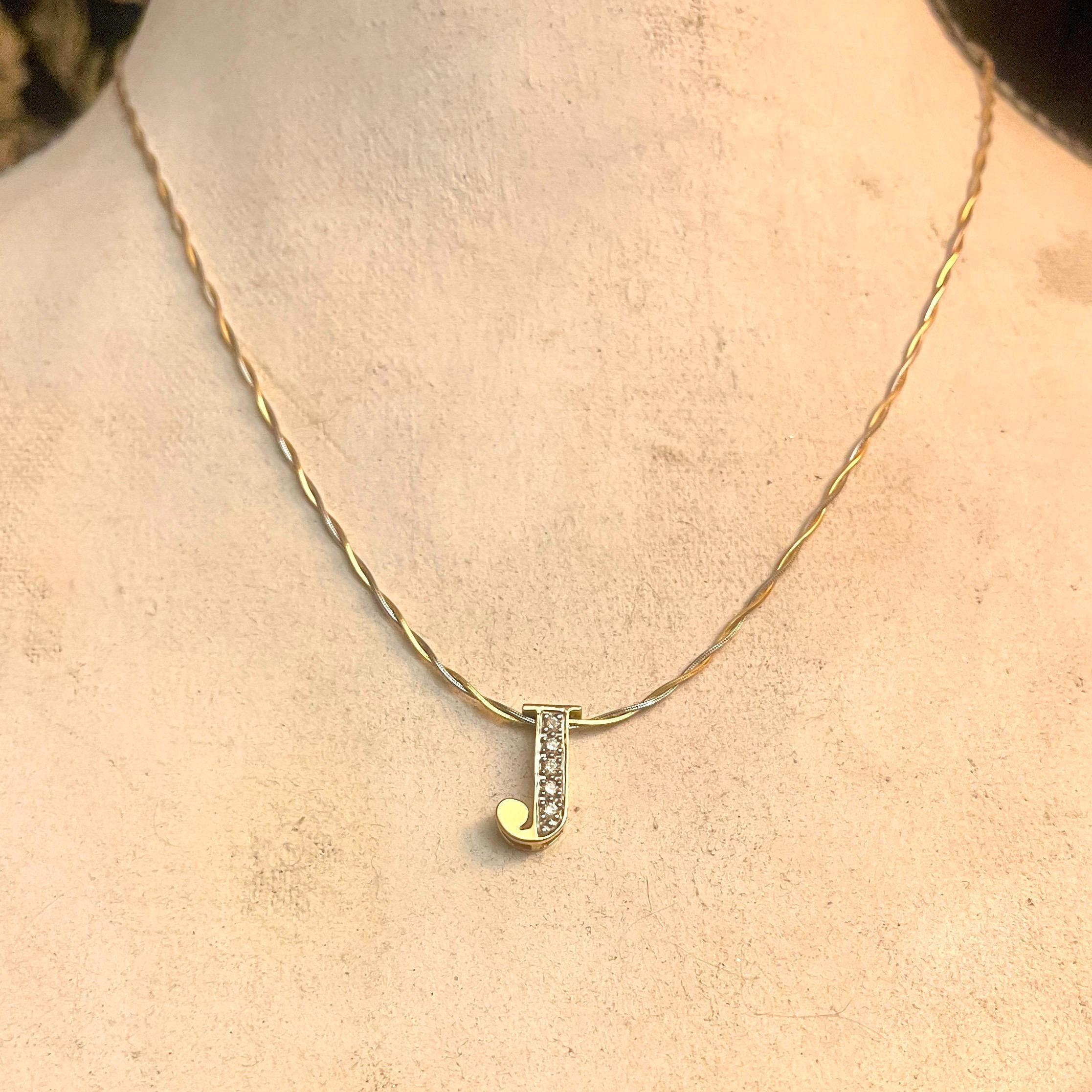 14k Yellow Gold Diamond J Necklace -Vintage Jewelry - Image 3