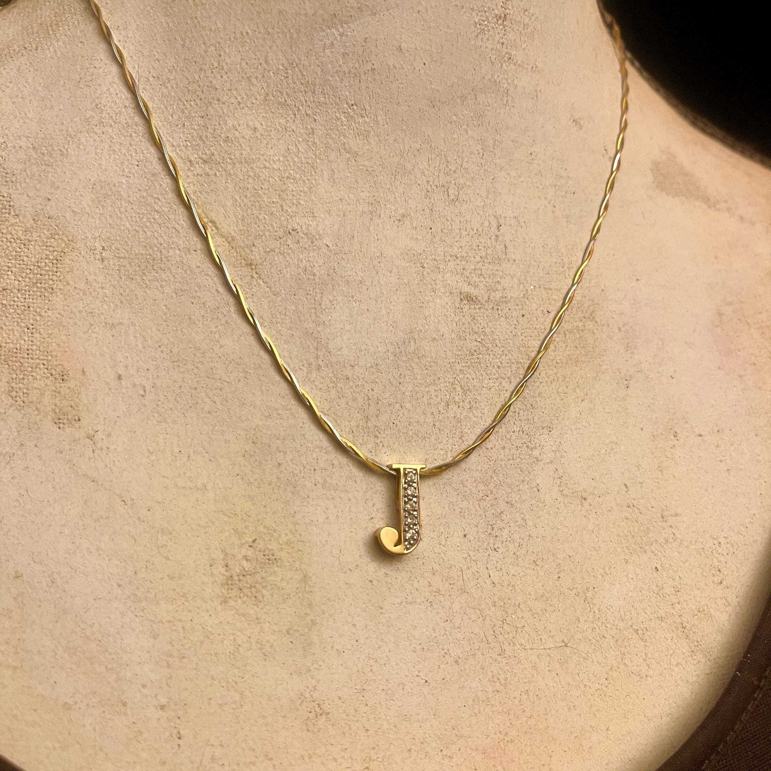 14k Yellow Gold Diamond J Necklace -Vintage Jewelry - Image 10