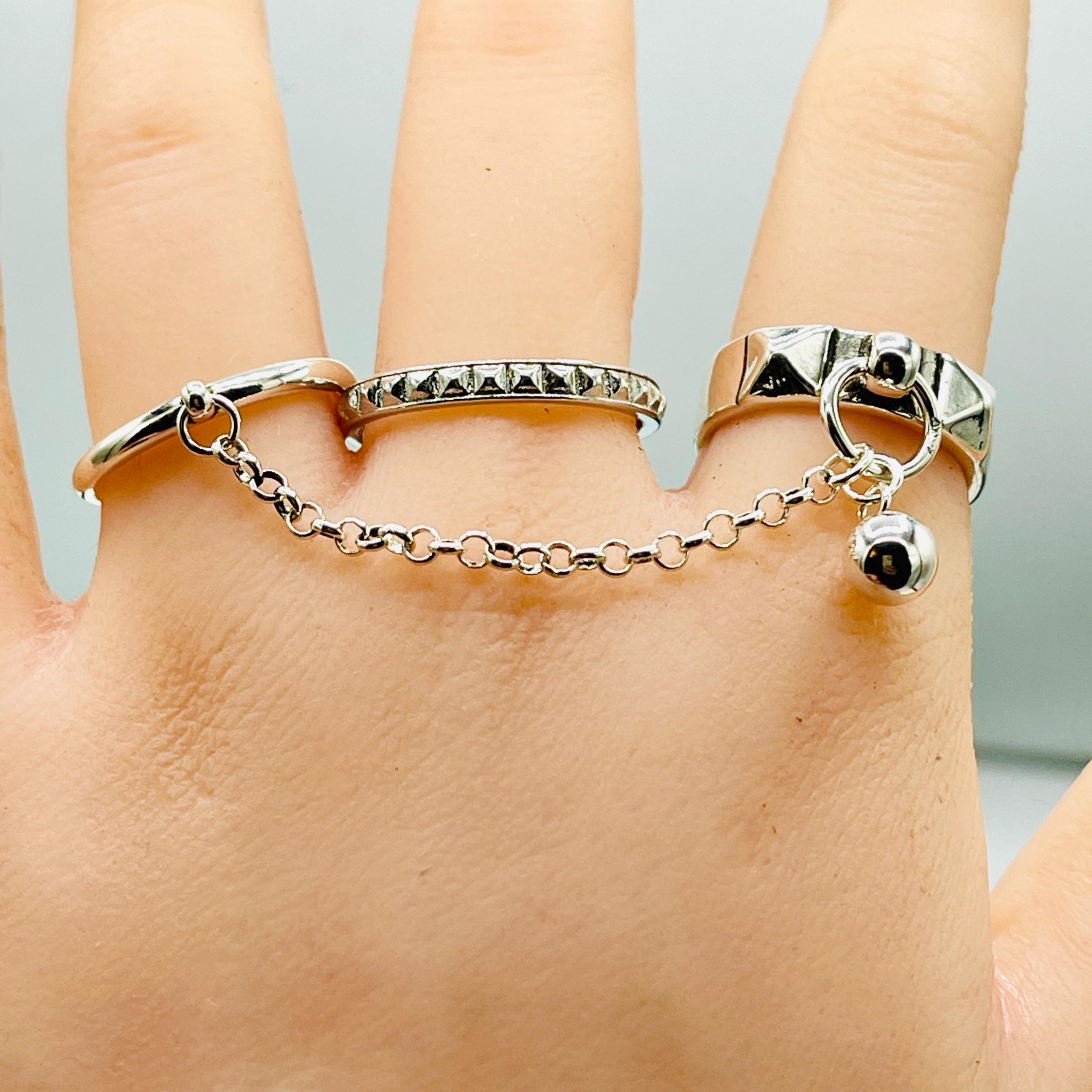 Studded Sterling Silver Stackable Rings, Connected Chain, Adjustable Silver Band