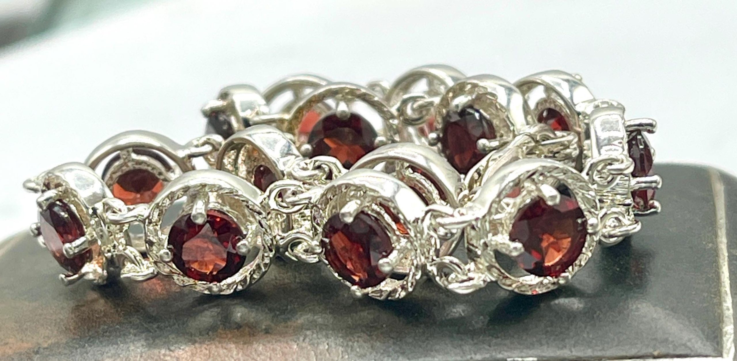 Art Deco Sterling Silver Garnet Bracelet: Vintage Almandine Gemstone Clasp