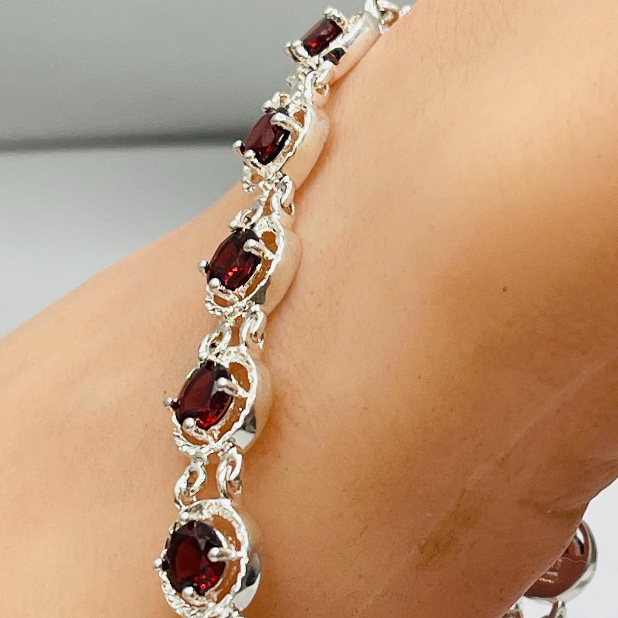 Art Deco Sterling Silver Garnet Bracelet: Vintage Almandine Gemstone Clasp - Image 2