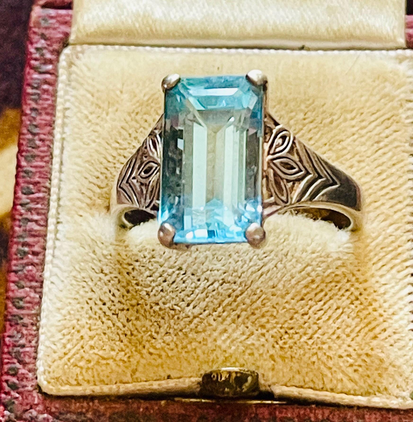 Art Deco Natural Aquamarine Ring: Everyday Platinum silver size 8.5 ring - Image 9