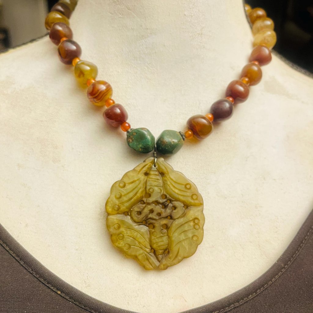 Carved Jade Lotus Pendant Necklace with Vintage Agate Strand