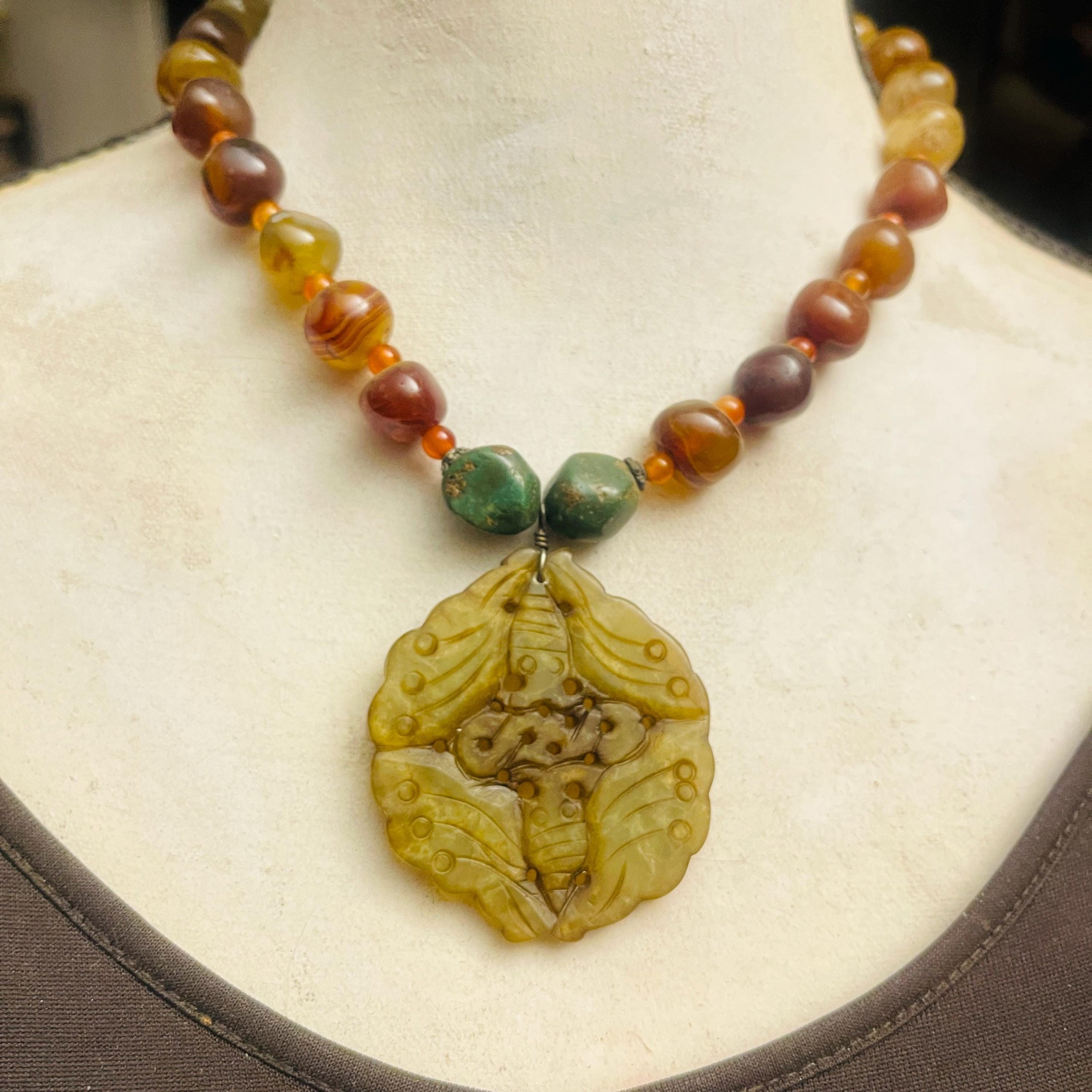 Carved Jade Lotus Pendant Necklace with Vintage Agate Strand