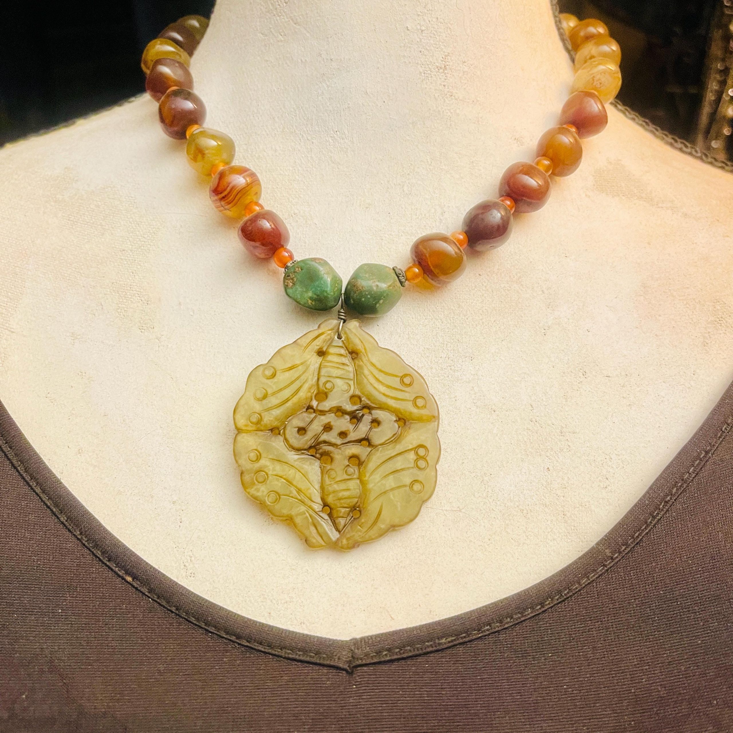 Carved Jade Lotus Pendant Necklace with Vintage Agate Strand - Image 8