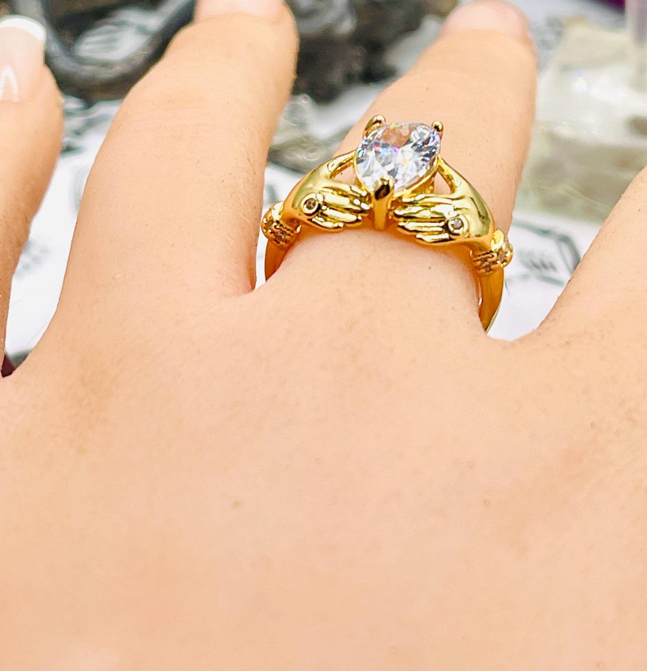Victorian Hands Claddagh Ring, 14k yellow Gold Vermeil, one carat Pear shaped Ring - Image 9