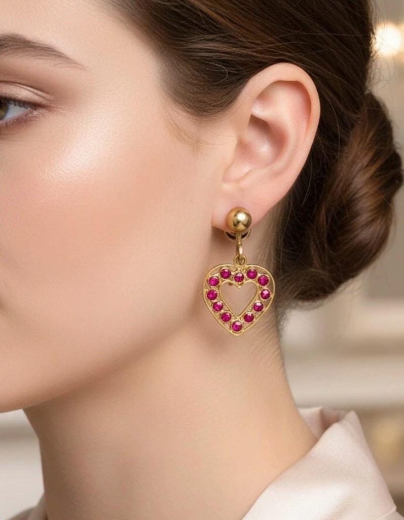 Ruby 14kt Yellow Gold heart Drop Earrings: Mothers Day Earrings for her