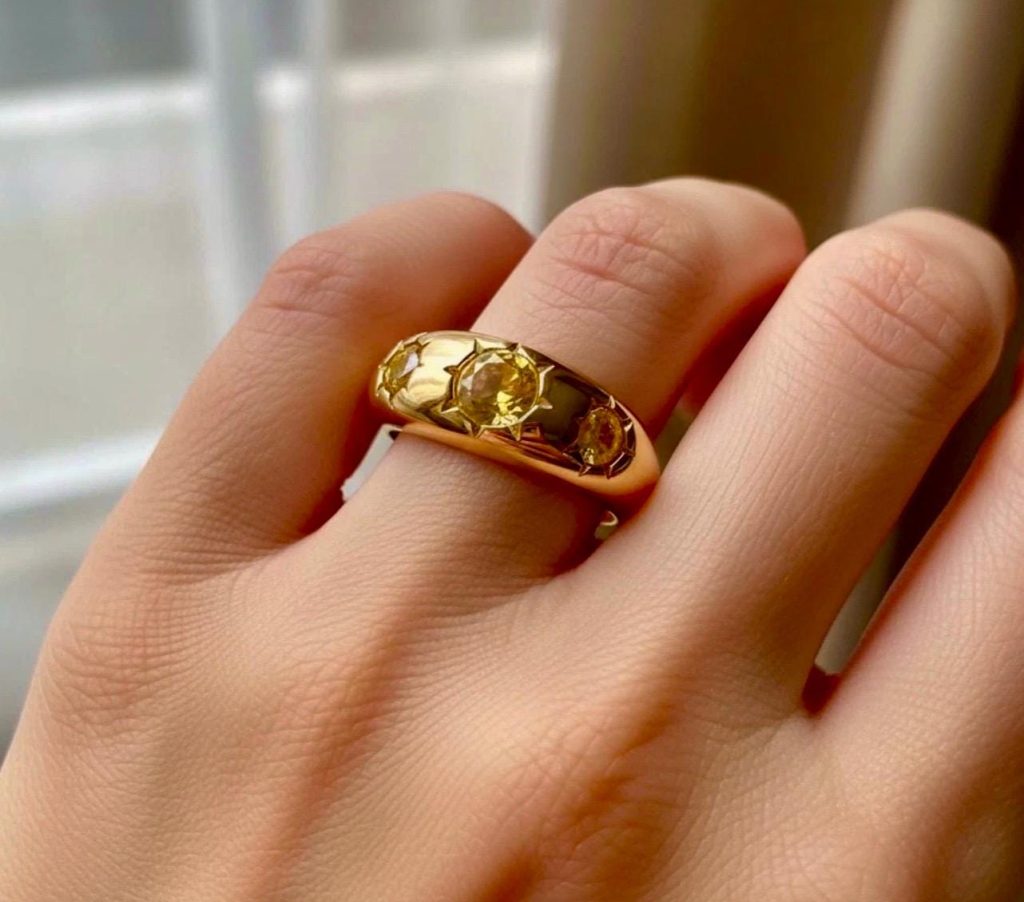 Vintage Gypsy set three star citrine heavy 18k gold vermeil ring