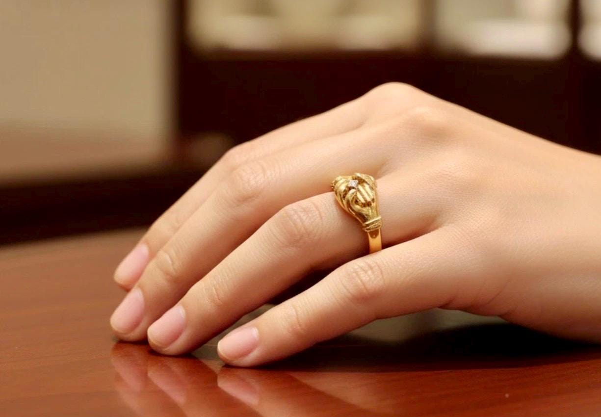Victorian Fede Hands Ring, 18k Gold Vermeil, Simulated Diamond - Image 7