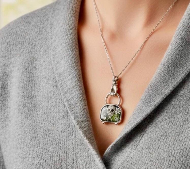Gothic Typewriter Key Necklace: Memento Mori Skull Pendant, Sterling Silver Chain