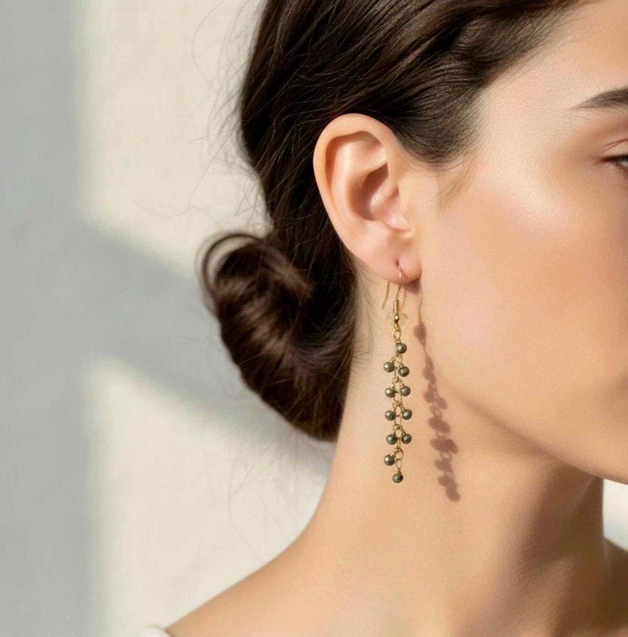 14k Yellow Gold Pyrite Drop Earrings: Vintage Handmade Silver Accents