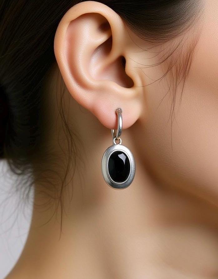 Art Deco Sterling Silver Black Garnet Drop Earrings – 1950s Faceted Gemstone Jewelry