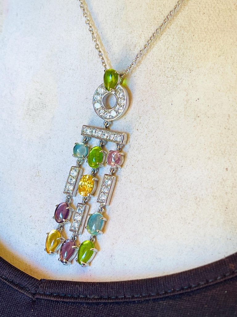 Vintage White Gold Gemstone Necklace: Multi-Color Semi-Precious Stones, Adjustable Length