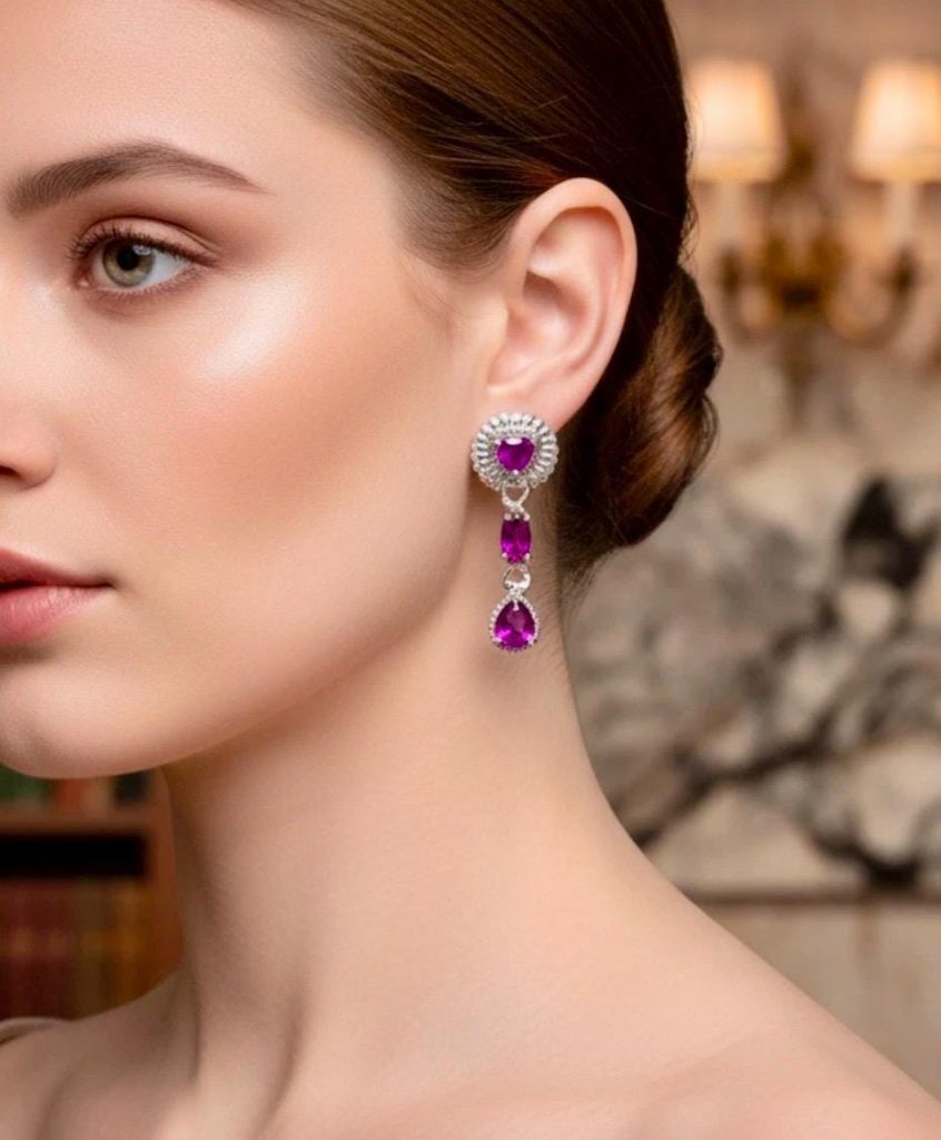 Vintage Sterling Silver Pink Sapphire Drop Earrings – 1980s Dainty Milgrain Detail