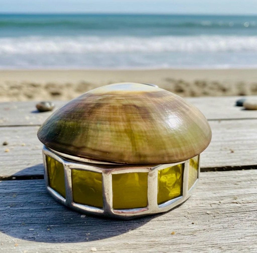 Seashell Stained Glass Jewelry Box: Handmade Trinket Keepsake with Suede Base