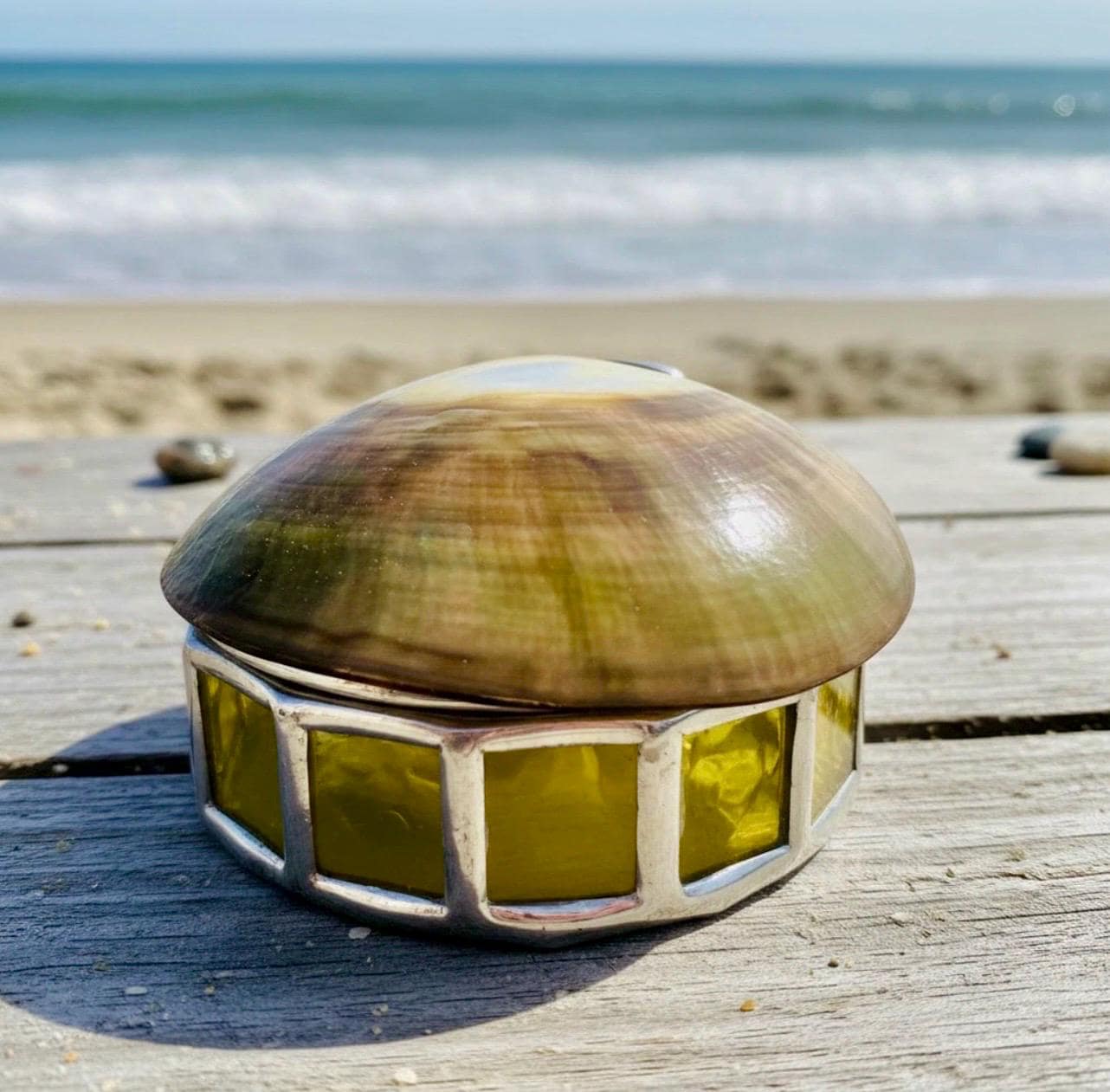 Seashell Stained Glass Jewelry Box: Handmade Trinket Keepsake with Suede Base