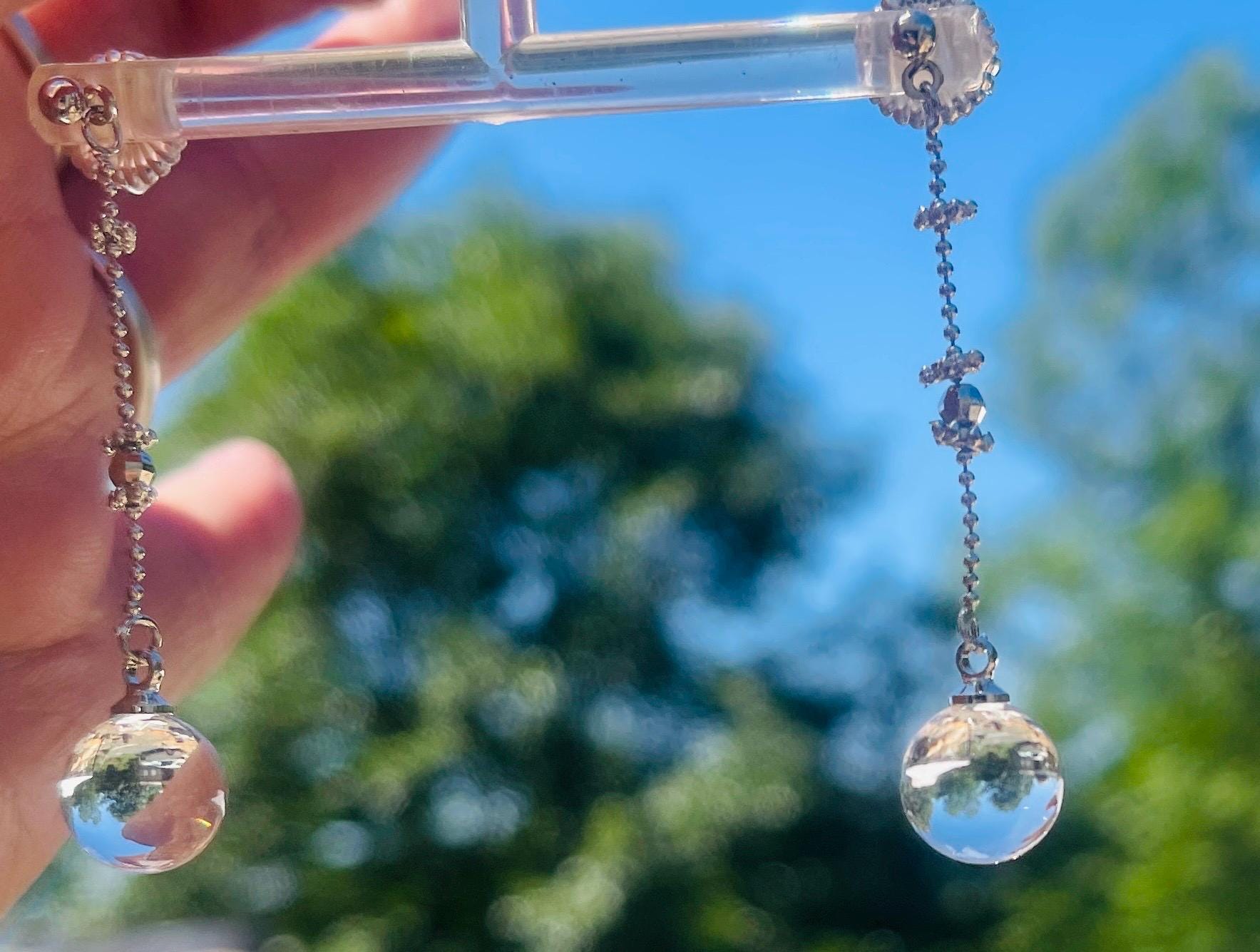 Victorian Pool of Light Earrings: Small Sterling Silver Quartz 12mm Sphere Drop Earrings - Image 5
