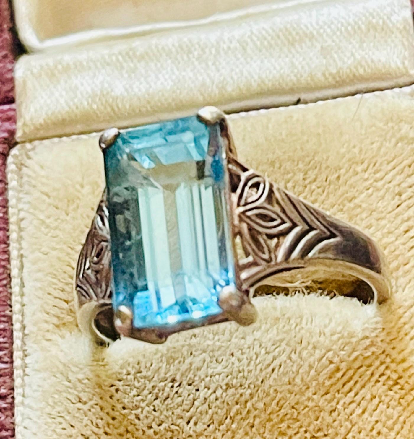 Art Deco Natural Aquamarine Ring: Everyday Platinum silver size 8.5 ring - Image 4