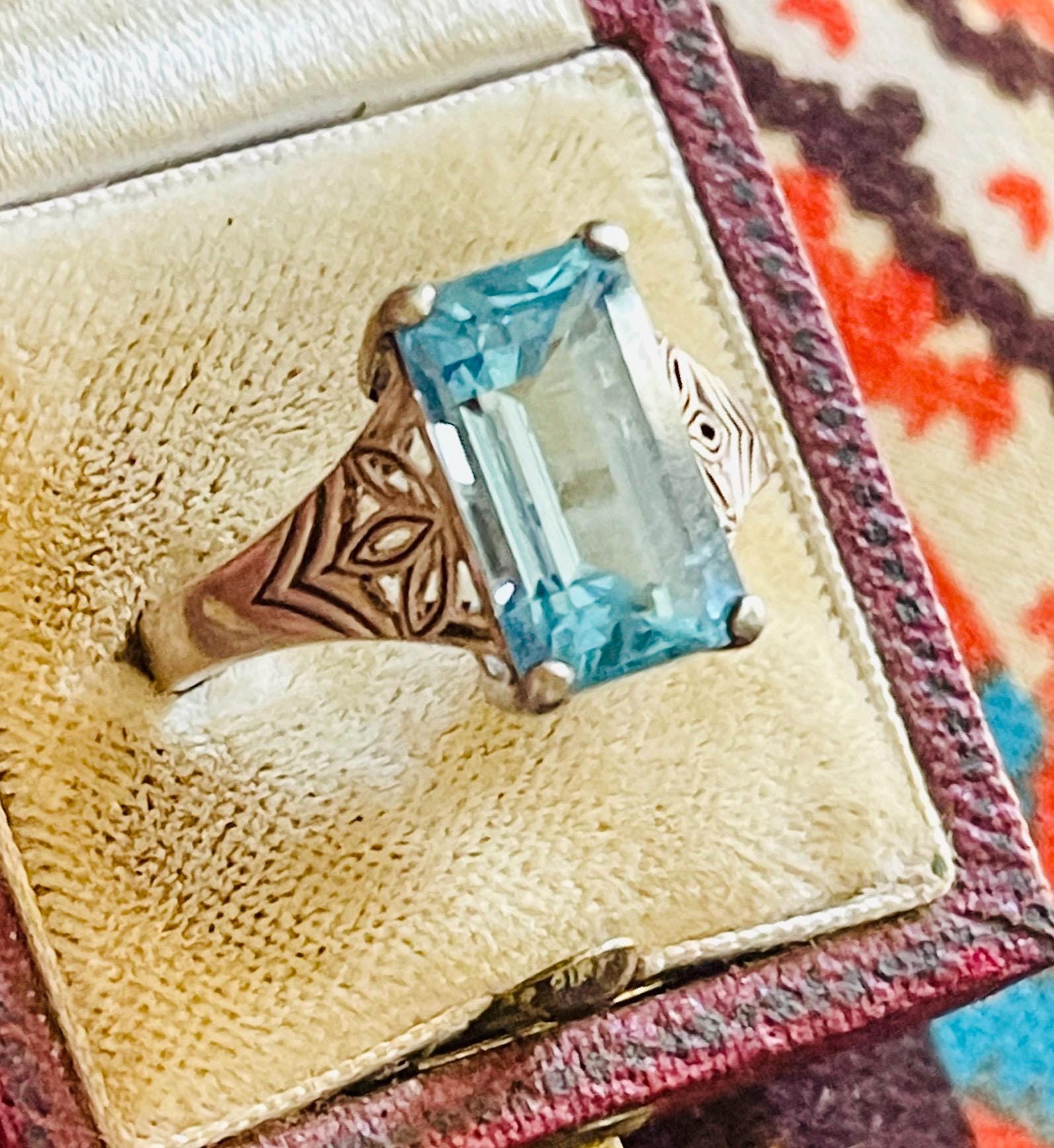 Art Deco Natural Aquamarine Ring: Everyday Platinum silver size 8.5 ring - Image 5