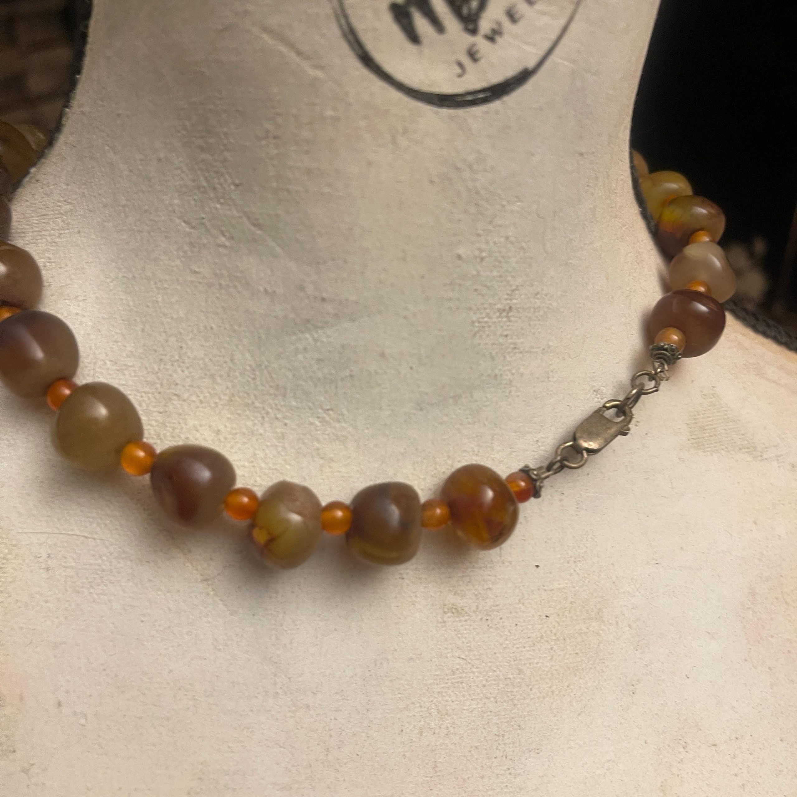Carved Jade Lotus Pendant Necklace with Vintage Agate Strand - Image 2