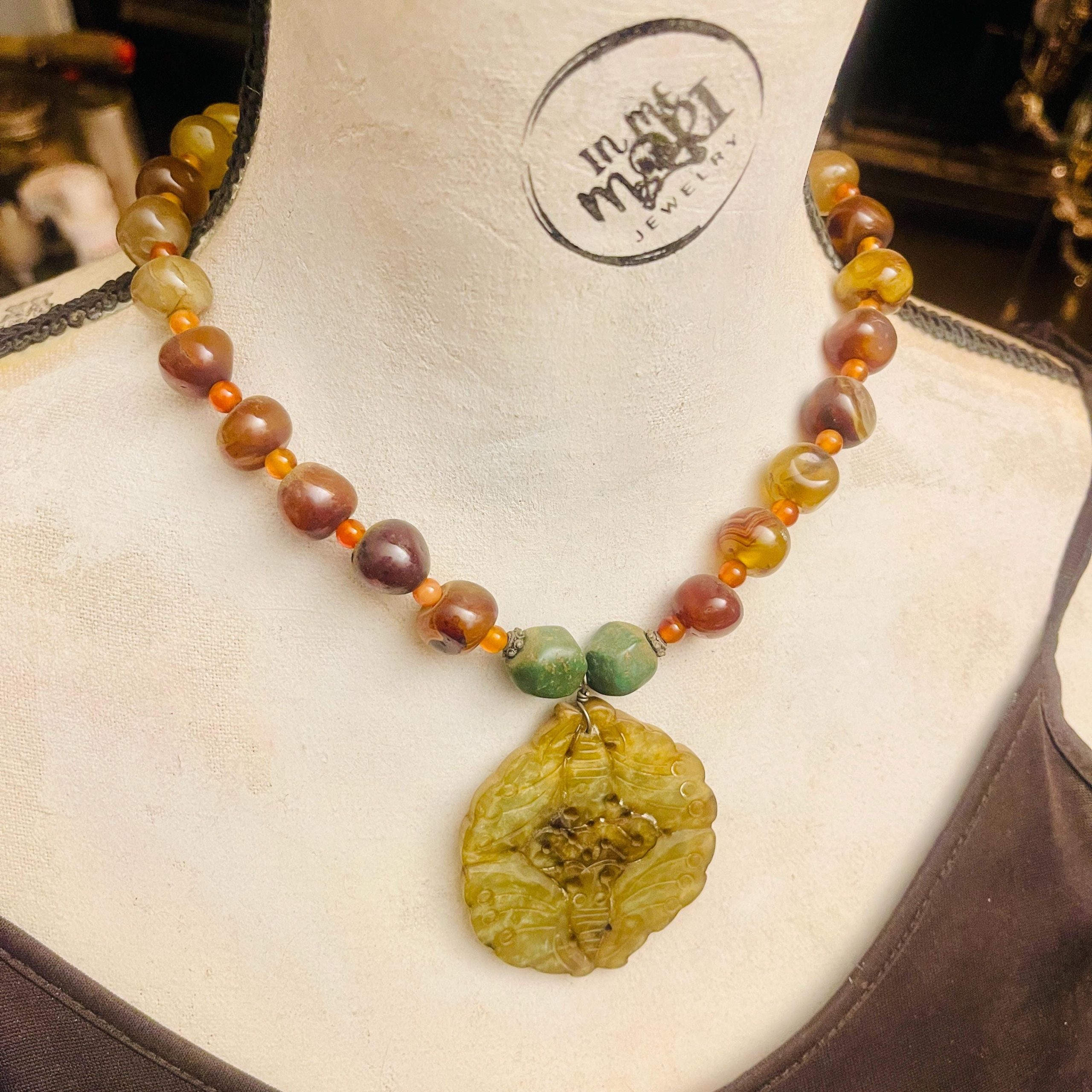 Carved Jade Lotus Pendant Necklace with Vintage Agate Strand - Image 10