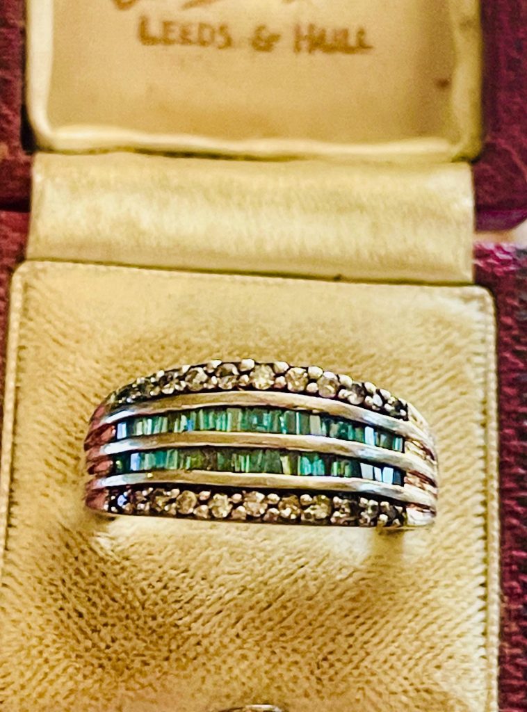 Art Deco Blue Diamond Ring: 18k White Gold, Baguette Cut, Size 10