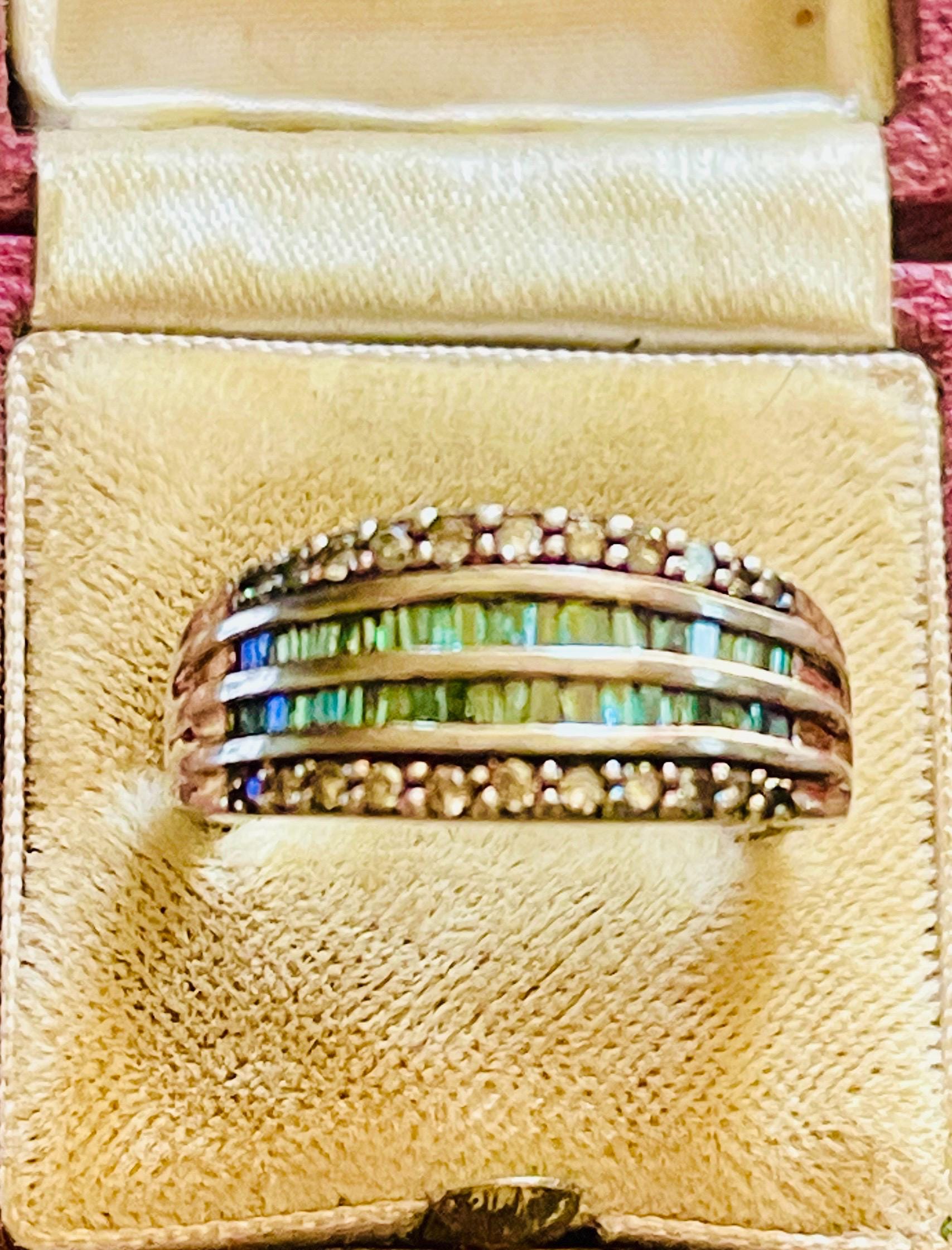 Art Deco Blue Diamond Ring: 18k White Gold, Baguette Cut, Size 10 - Image 2
