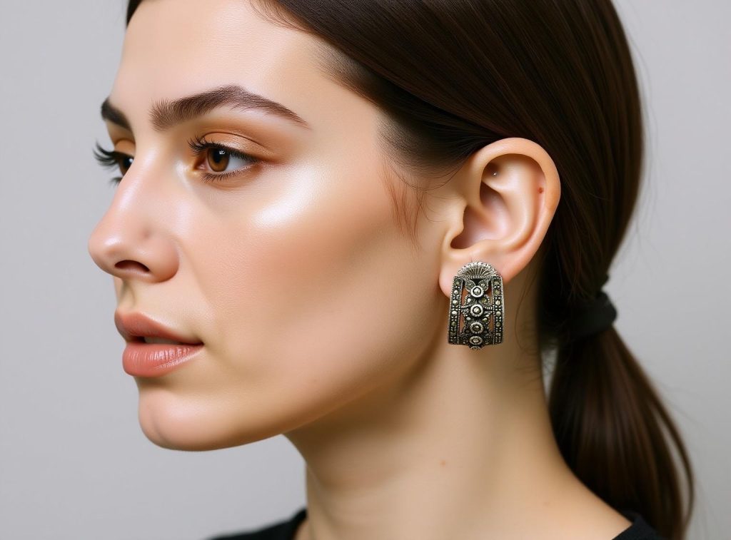 Art Deco Sterling Silver Half Hoop Earrings Marcasite and Grey Diamonds: Made in Italy