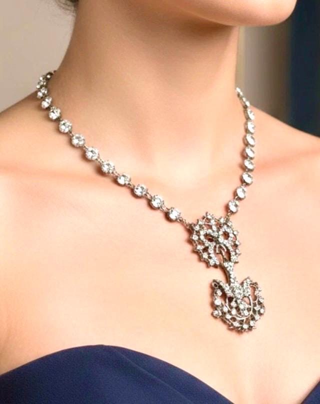 Antique Saint Esprit Dove Necklace: Sterling Silver Paste Rock Crystal Rivere Necklace