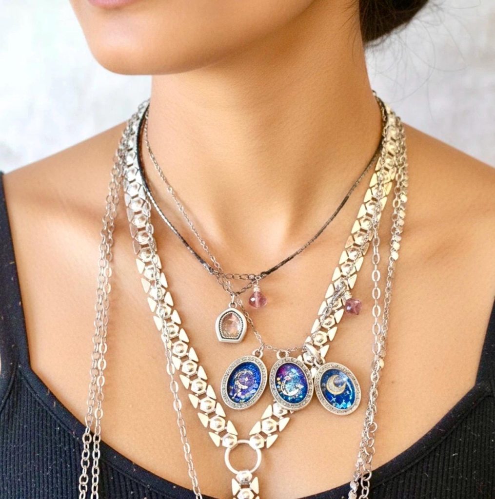 Handmade Moon and Stars black diamond Necklace: Sterling Silver Satellite Chain, shaker crystal Pendant