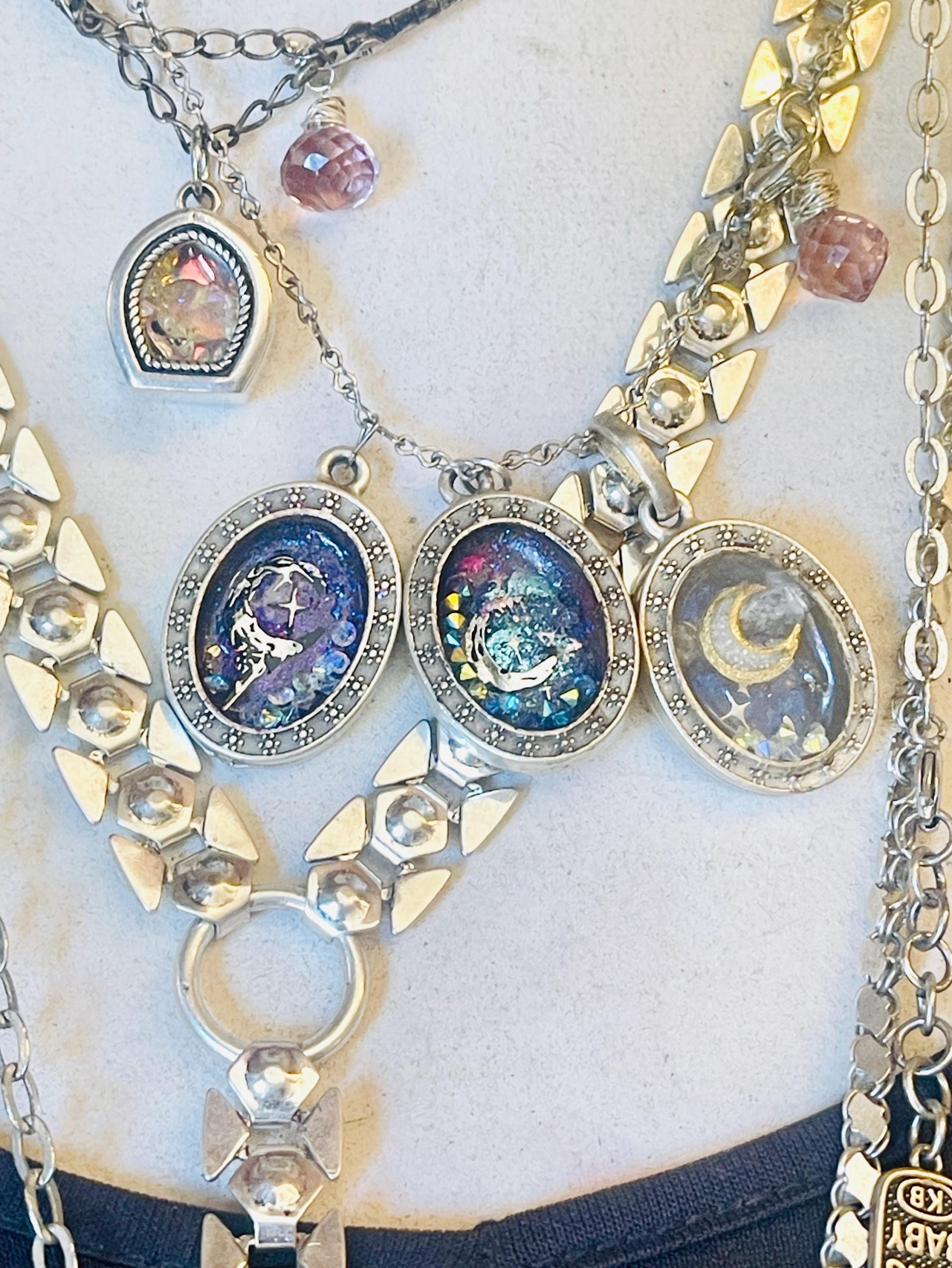 Handmade Moon and Stars black diamond Necklace: Sterling Silver Satellite Chain, shaker crystal Pendant - Image 10