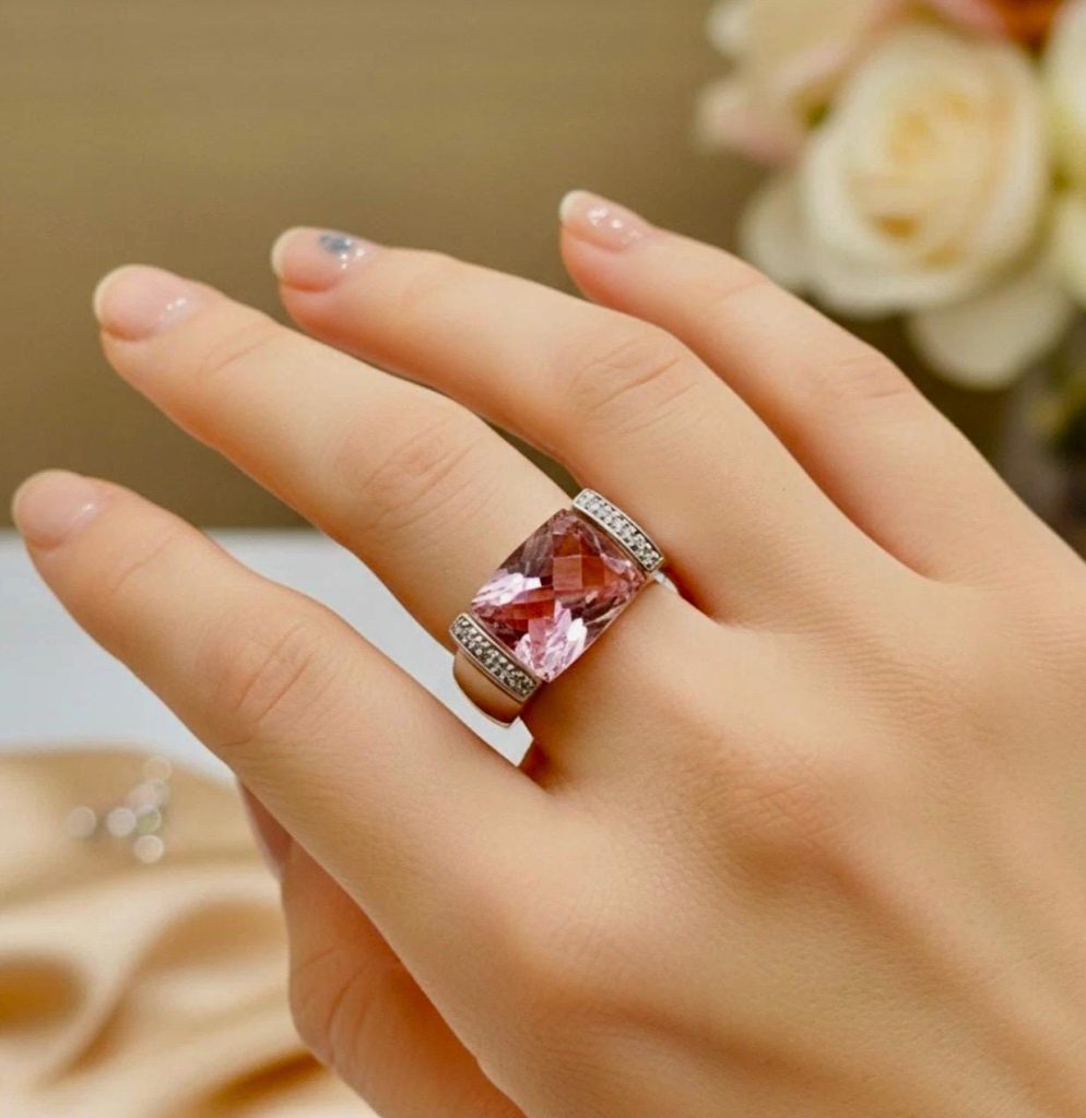 Diamond and Pink Topaz Sterling Silver Ring - Size 6
