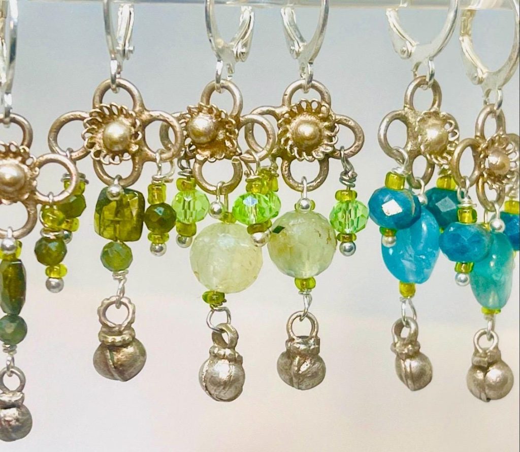 Gemstone Drop Earrings: Silver boho, chrome diopside, prehensile, Blue appatite