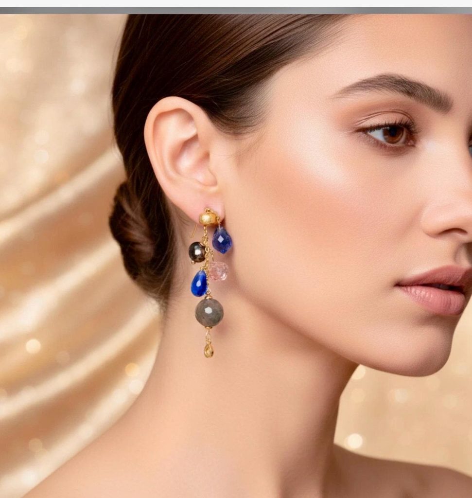 Diamond Slice Drop Earrings: 18kt Gold, Gemstone Dangles