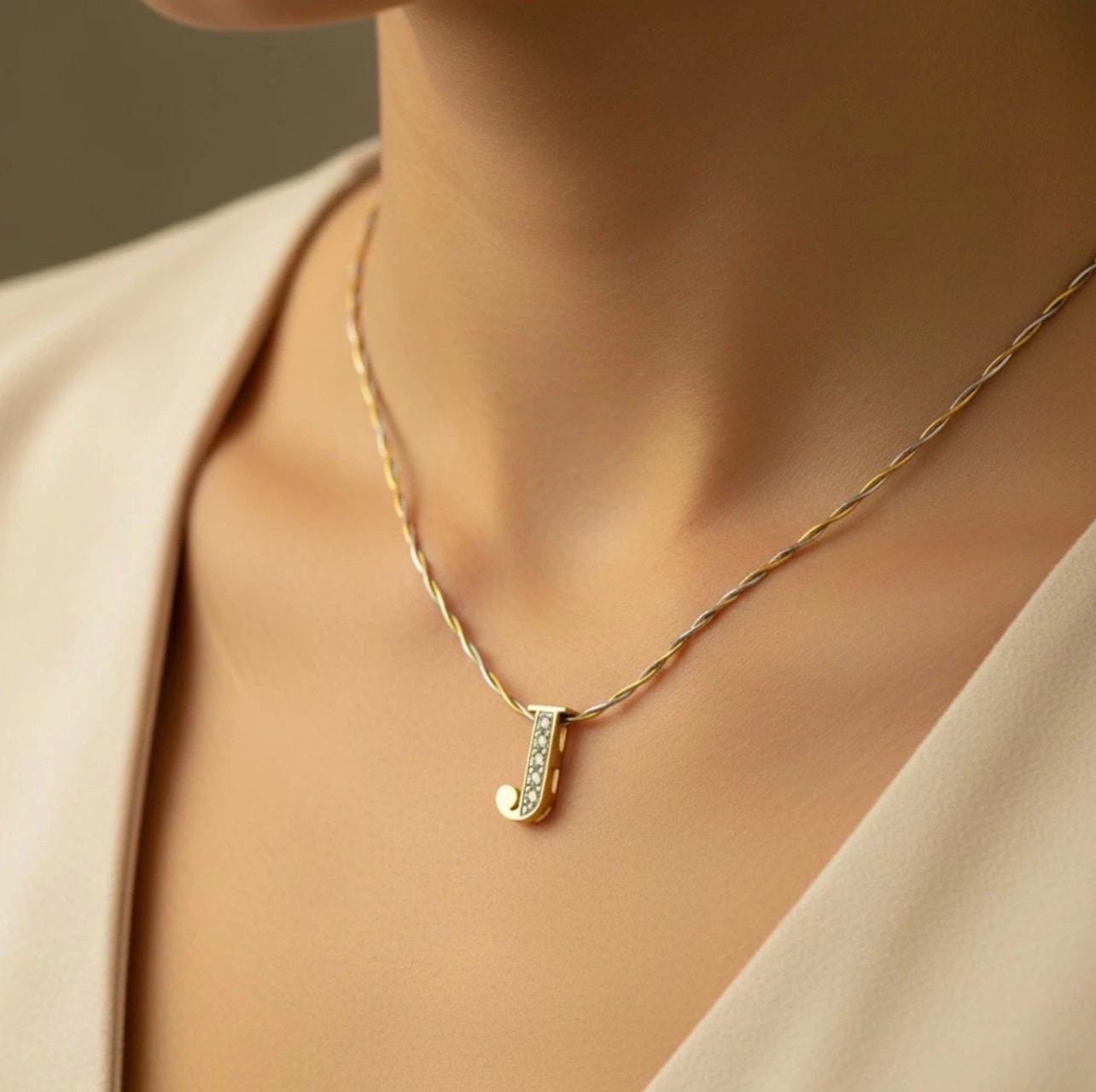 14k Yellow Gold Diamond J Necklace -Vintage Jewelry