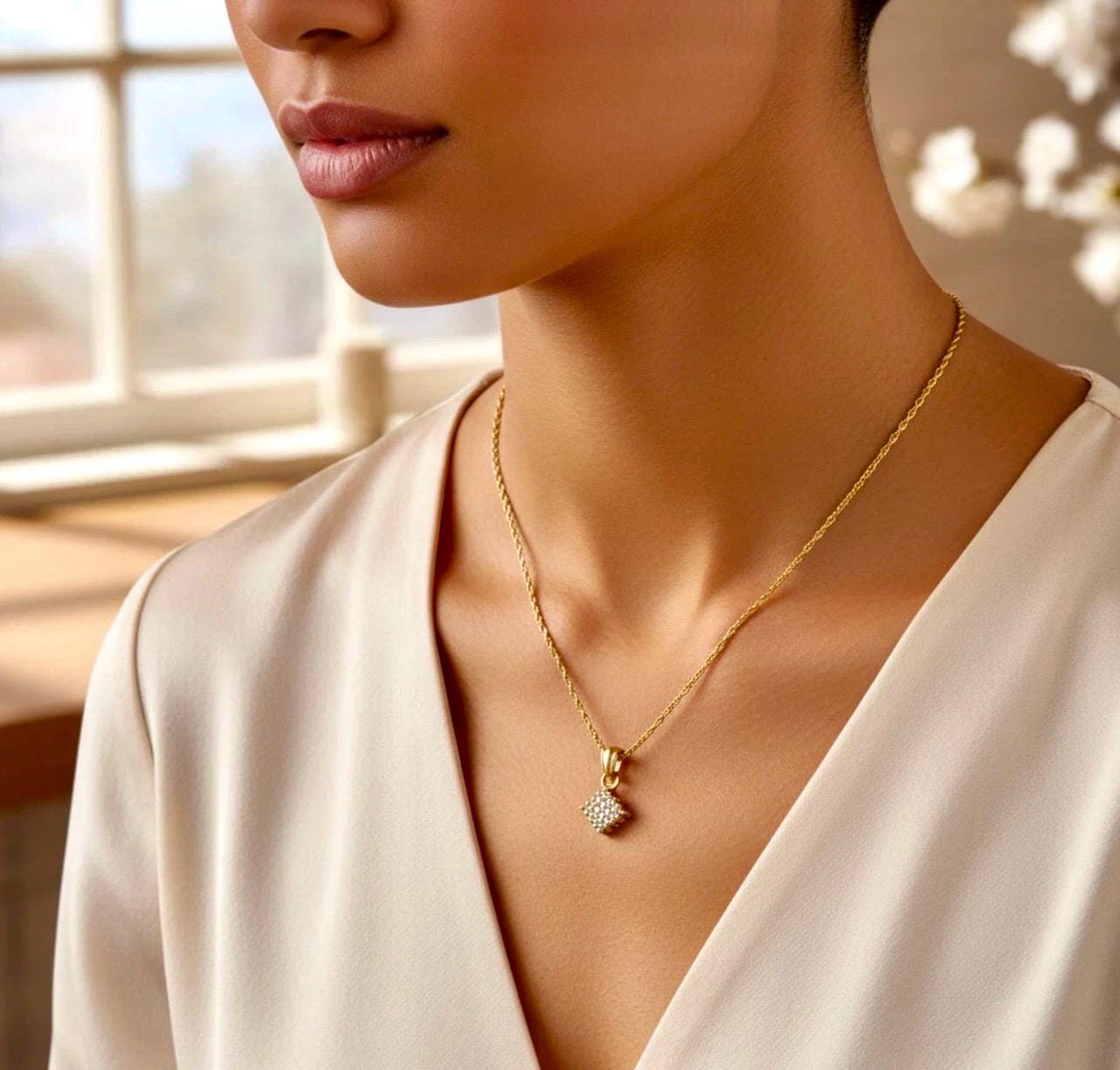 14k solid Yellow Gold Diamond Square Necklace - Dainty Vintage Jewelry