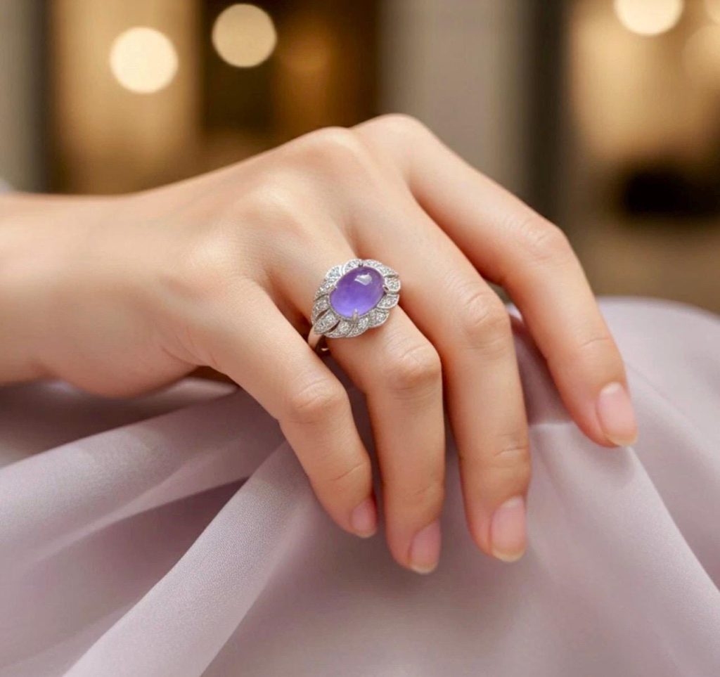 Antique Lavender Jade Diamond Ring: 14k White Gold, Carved Waves, Size 6
