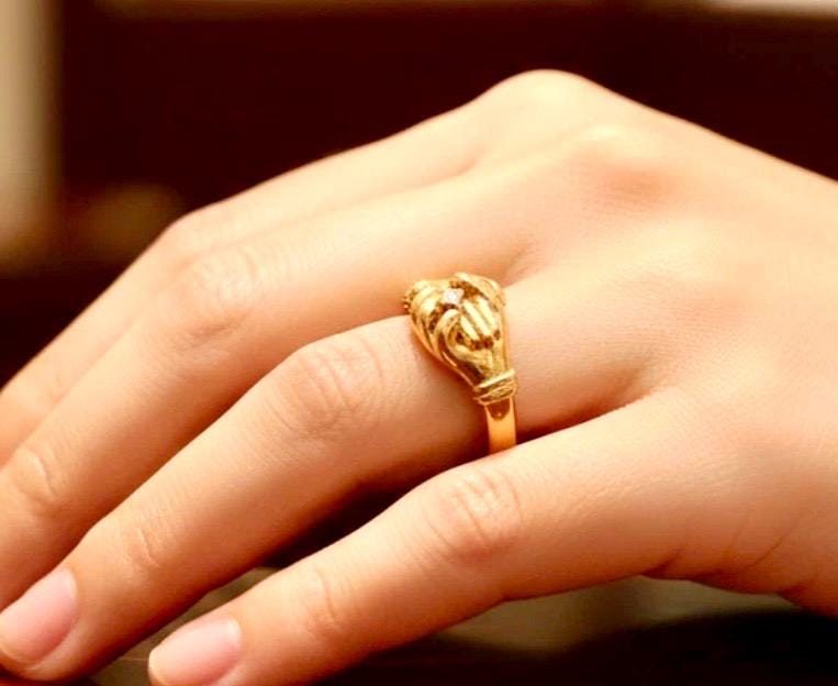 Victorian Fede Hands Ring, 18k Gold Vermeil, Simulated Diamond - Image 3