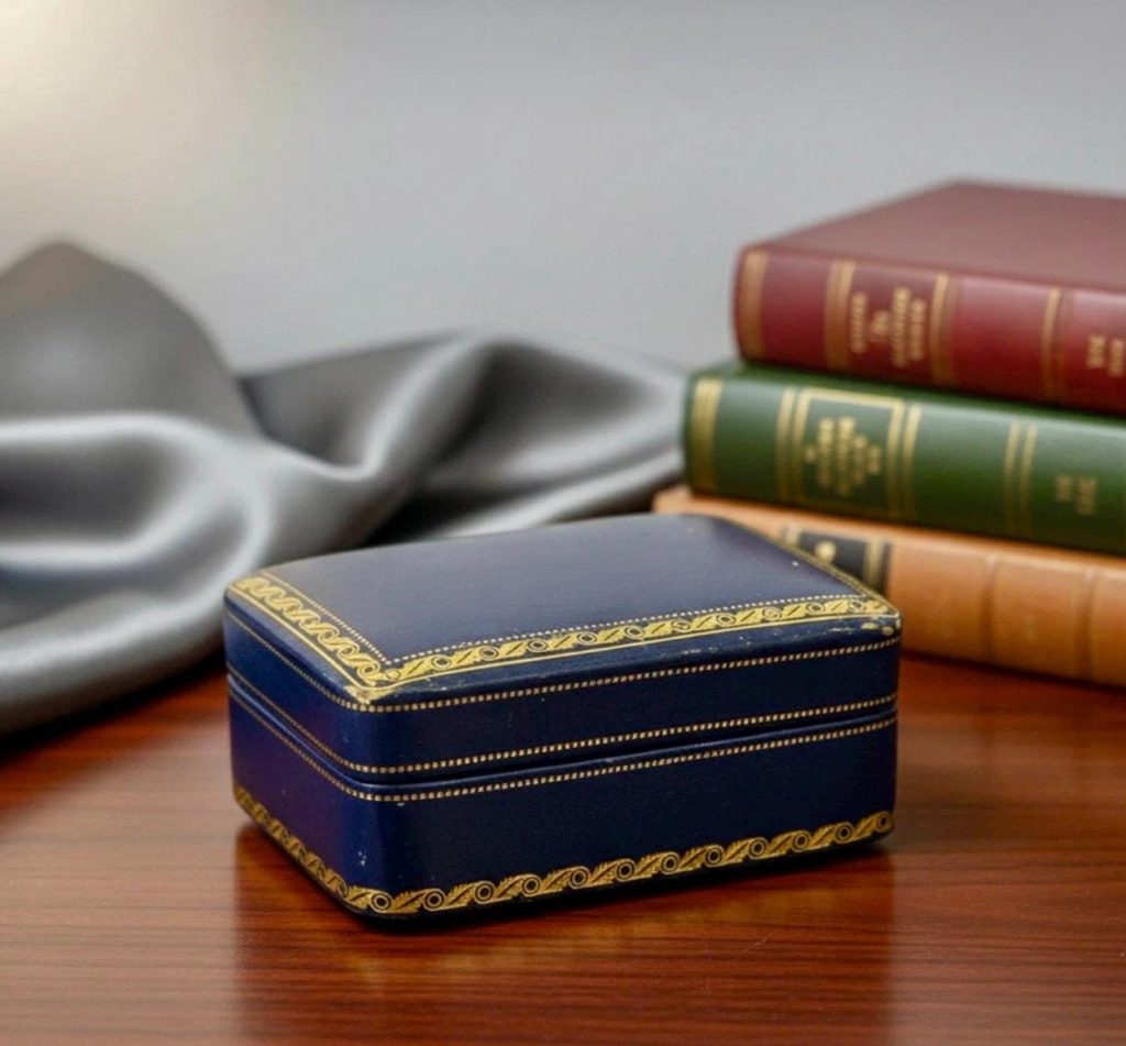 Antique Italian Leather Jewelry Box: Blue & Gold Decor, Handmade Keepsake