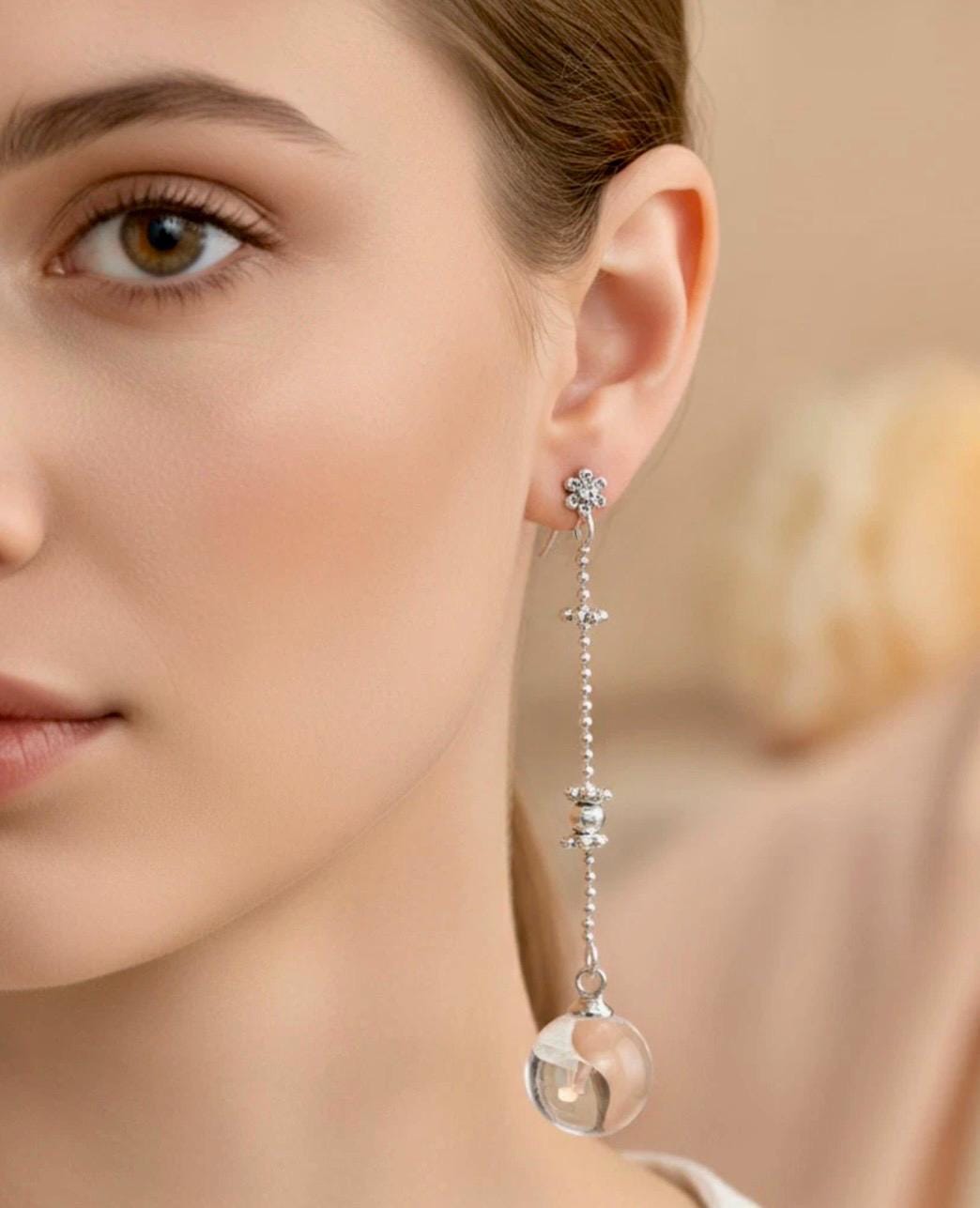 Victorian Pool of Light Earrings: Small Sterling Silver Quartz 12mm Sphere Drop Earrings - Image 3