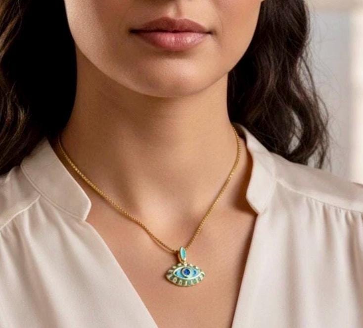 18K Gold Evil Eye Necklace: Handmade Squared box Chain