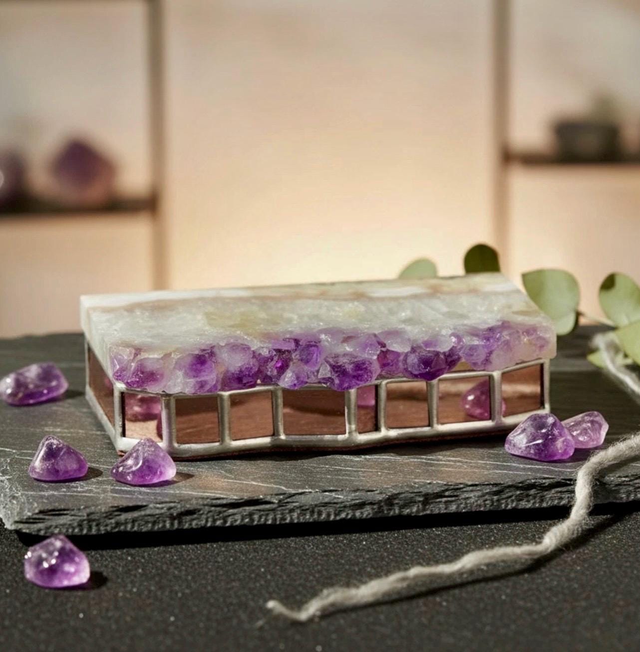 Amethyst Geode Stained Glass Jewelry Box: Handmade Crystal Keepsake