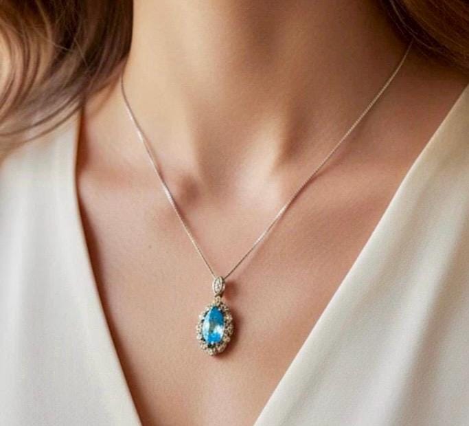 Art Deco blue topaz diamond paste pendant on 18 inch sterling silver chain