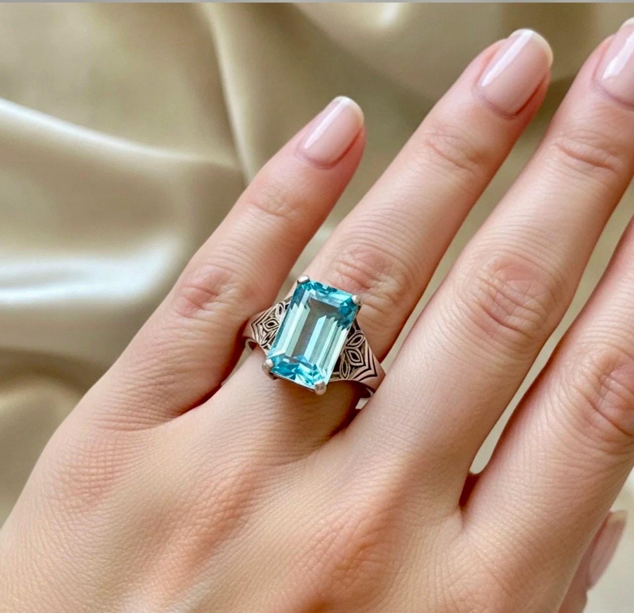 Art Deco Natural Aquamarine Ring: Everyday Platinum silver size 8.5 ring - Image 3